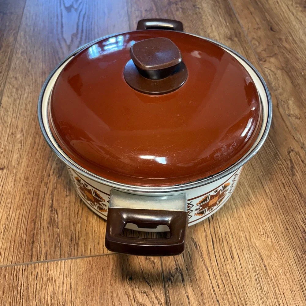 Vintage Enamel Stock Pot Made in Japan Retro 70s Geometric Brown Orange Western